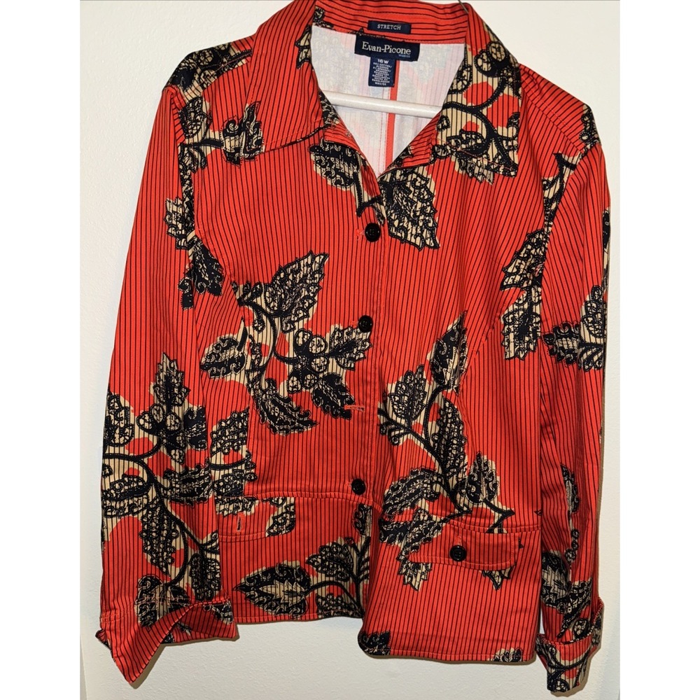 Evan-Picone Woman Stretch Jacket Sz 16 Pockets Floral Orange Black Ruffle